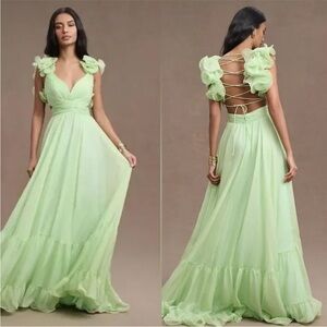 Mac Duggal Green V-Neck Flutter Sleeve Gown style 67911 min size 2